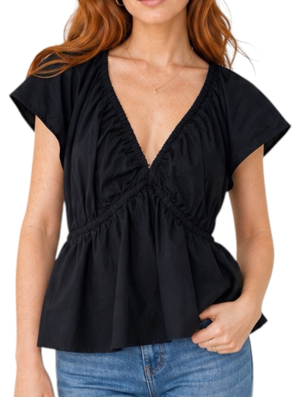 Universal Thread Black Deep V Neck Elasticized Short Sleeve Cotton Top XXL